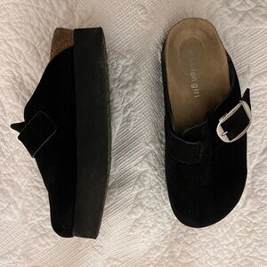 Madden Girl Black Suede platform Mules with Silver Buckle